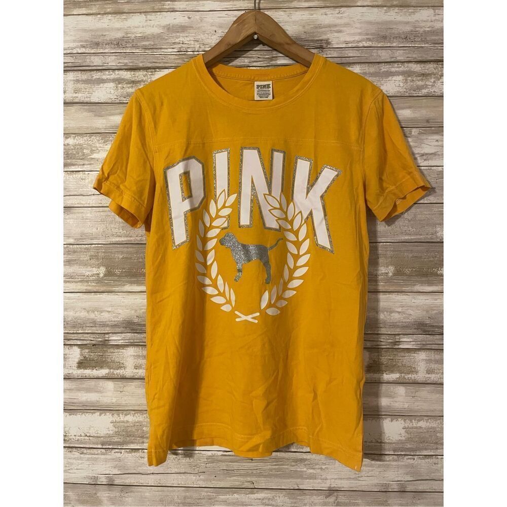 PINK By Victoria Secret Short Sleeve Yellow Fitted T Shirt Dog Yellow Wh…